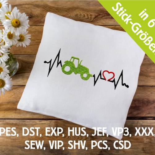Stickdatei Sinus Traktor in 6 Größen, Maschinenstickerei, Herzkurve Stickmuster mit Traktor Motiv