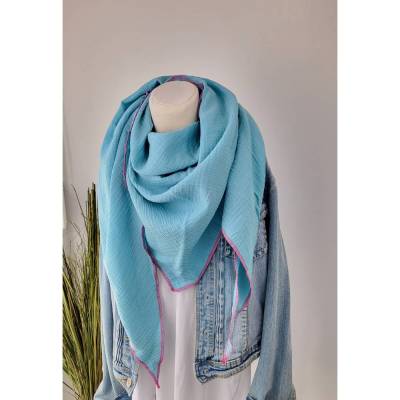 Musselintuch in Türkis mit pinker Naht, Dreieckstuch, Musselinschal, leichtes Sommertuch,