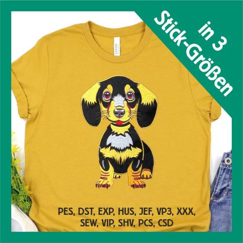 Stickdatei Applikation Dackel Waldi in 3 Größen, Maschinenstickerei, Stickmuster mit Tiermotiv