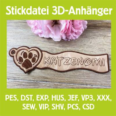Stickdatei 3D-Anhänger KATZENOMI, Maschinenstickerei, Stickmuster mit Trapunto-Effekt, 3D-Stick, Lesezeichen