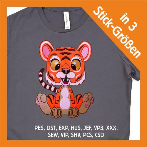 Stickdatei Applikation Tiger Lilly in 3 Größen, Maschinenstickerei, Stickmuster mit Tiermotiv