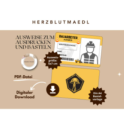 Kinderausweis Bauarbeiter für Baustellenparty - Tolles Accessoire für kleine Bauarbeiter