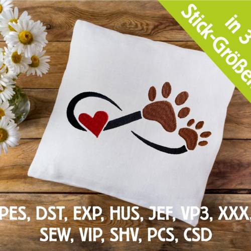 Stickdatei Pfoten Schnörkel mit Herz in 6 Größen, Maschinenstickerei, Stickmuster mit Hundemotiv