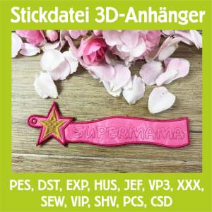 Stickdatei 3D-Anhänger SUPERMAMA, Maschinenstickerei, Stickmuster mit Trapunto-Effekt, 3D-Stick, Lesezeichen Bild 1