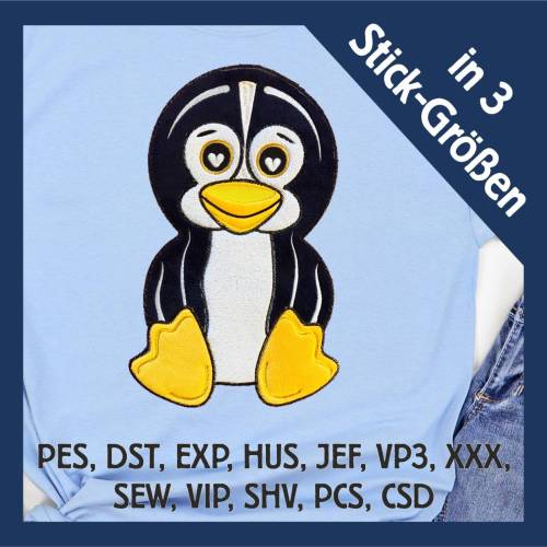 Stickdatei Applikation Pinguin Timmy in 3 Größen, Maschinenstickerei, Stickmuster mit Tiermotiv