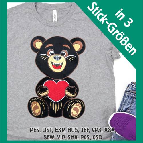 Stickdatei Applikation Bär Fred in 3 Größen, Maschinenstickerei, Stickmuster mit Tiermotiv