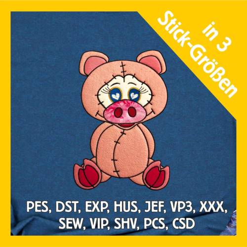 Stickdatei Applikation Schwein Pinky in 3 Größen, Maschinenstickerei, Stickmuster mit Tiermotiv