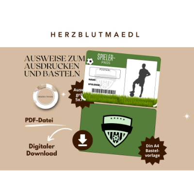 Bastelvorlage Fußball Spielerpass für Kindergeburtstag, Fußballparty, Fußballturniere - Tolles Mitgebsel