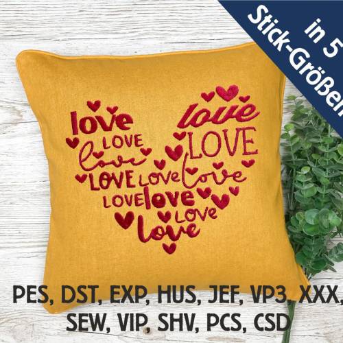 Stickdatei LOVE SCHRIFTEN im Herz in 5 Größen, Maschinenstickerei, romantisches Stickmuster mit Herzen Motiv