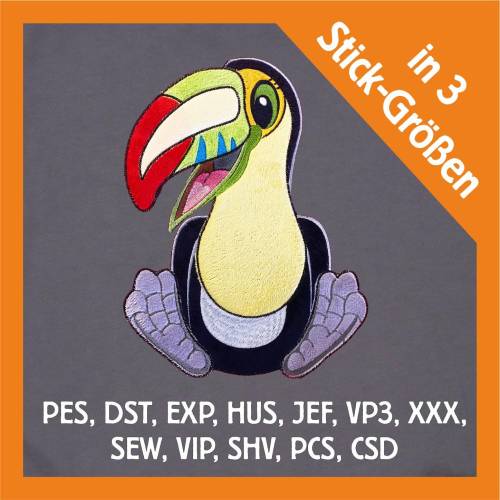 Stickdatei Applikation Tucan Ferdinand in 3 Größen, Maschinenstickerei, Stickmuster mit Tiermotiv
