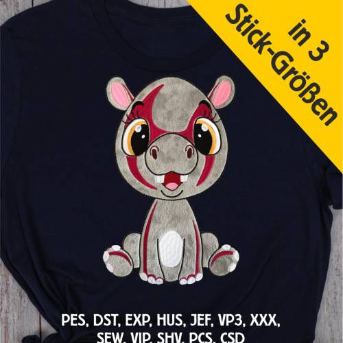 Stickdatei Applikation Nilpferd Dipsi in 3 Größen, Maschinenstickerei, Stickmuster mit Tiermotiv