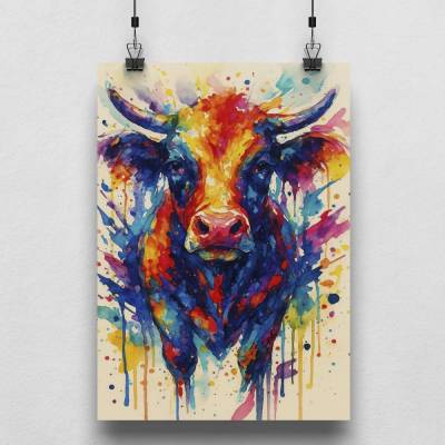 Buntes Kuh Poster – Modernes Aquarell Wandbild auf mattem Premium-Papier