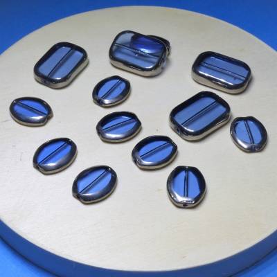 12 Fensterperlen, Glasperlen, Schliffperlen, blau transparent silber,  Perlensortiment, Perlenset