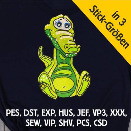 Stickdatei Applikation Kroko Krokolino in 3 Größen, Maschinenstickerei, Stickmuster mit Tiermotiv