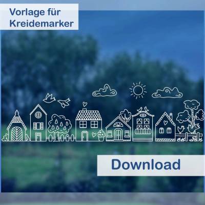 Fensterbild-Vorlage Idyllisches Dorf – Sommerliche Kreidemarker-Vorlage zum Ausdrucken