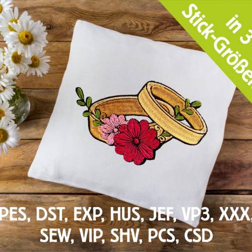 Stickdatei Ehe-Ringe mit Blumen in 6 Größen, Maschinenstickerei, Stickmuster mit Blumen Motiv