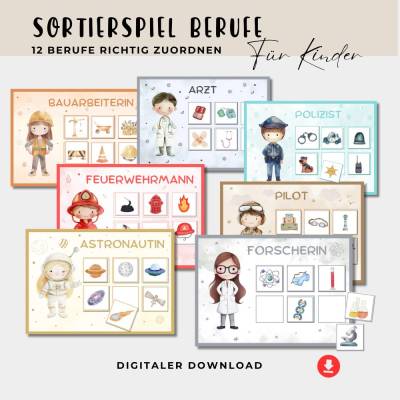 Sortierspiel Berufe, Bildkarten Kindergaren, Sortierspiel Kleinkind, Lernspiel PDF zum Ausdrucken, Kita Legespiel, PDF D