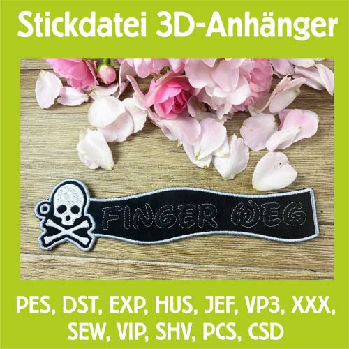 Stickdatei 3D-Anhänger FINGER WEG, Maschinenstickerei, Stickmuster mit Trapunto-Effekt, 3D-Stick, Lesezeichen