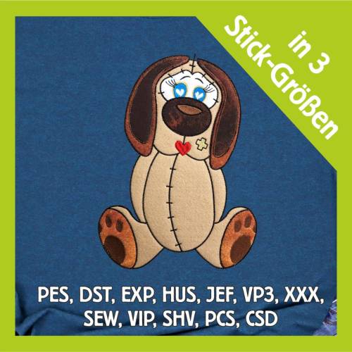 Stickdatei Applikation Hund Lucky in 3 Größen, Maschinenstickerei, Stickmuster mit Tiermotiv