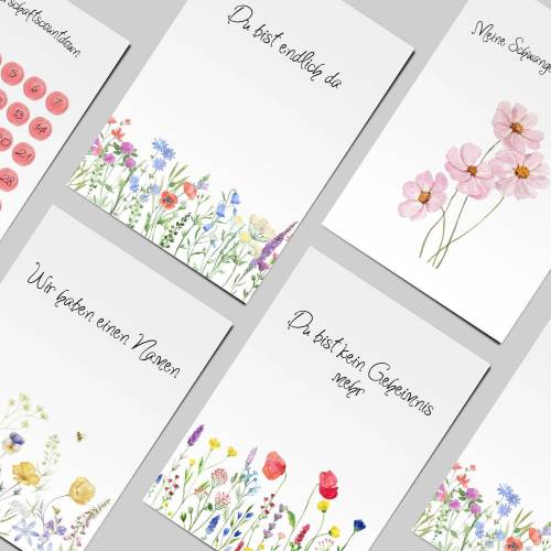 Schwangerschafts-Meilensteinkarten mit Blumen-Design + Schwangerschafts-Countdown – Digitaler Download für A6-Karten