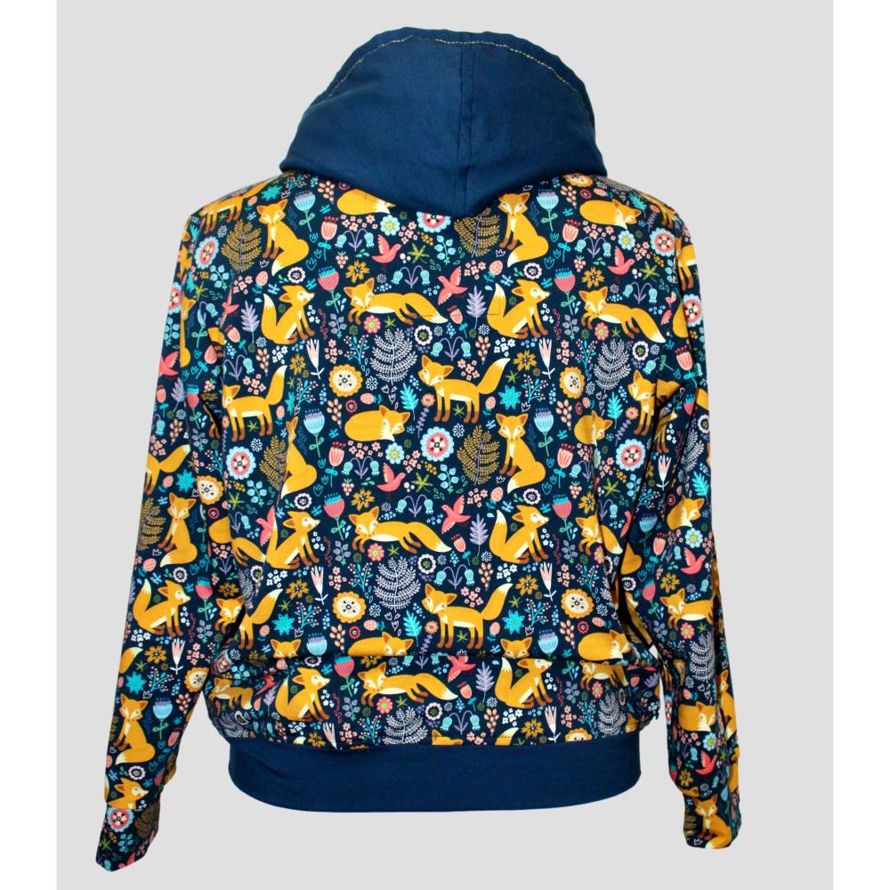 Damen Langarm Sweatjacke Der Fuchs im Wald Dunkelblau Ocker mit