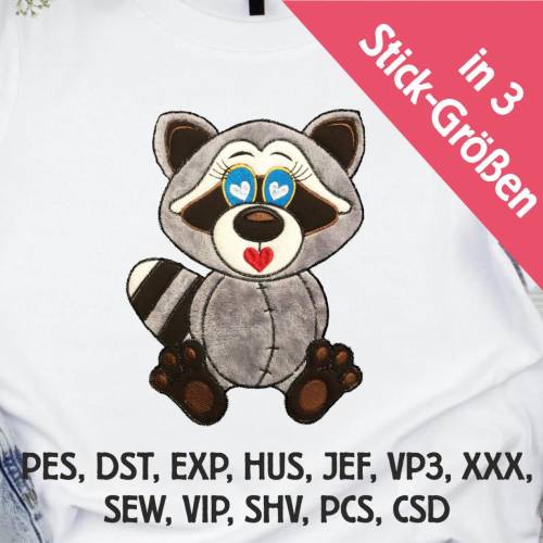 Stickdatei Applikation Waschbär Willy in 3 Größen, Maschinenstickerei, Stickmuster mit Tiermotiv