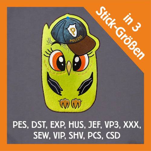 Stickdatei Applikation Eule Polizei in 3 Größen, Maschinenstickerei, Stickmuster mit Tiermotiv