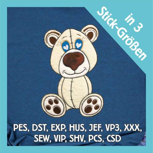 Stickdatei Applikation Eisbär Tom in 3 Größen, Maschinenstickerei, Stickmuster mit Tiermotiv