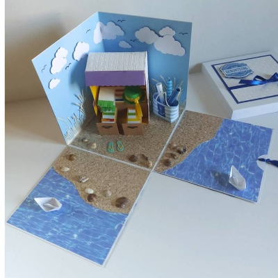 Große Explosionsbox/Geschenkbox/Überraschungsbox/Geldgeschenk/Gutschein/zum Geburtstag/Strandkorb