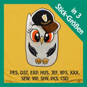 Stickdatei Applikation Eule Feuerwehr in 3 Größen, Maschinenstickerei, Stickmuster mit Tiermotiv Bild 1