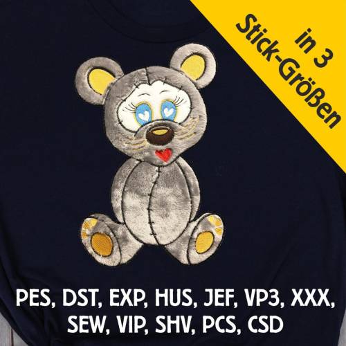 Stickdatei Applikation Maus Speedy in 3 Größen, Maschinenstickerei, Stickmuster mit Tiermotiv