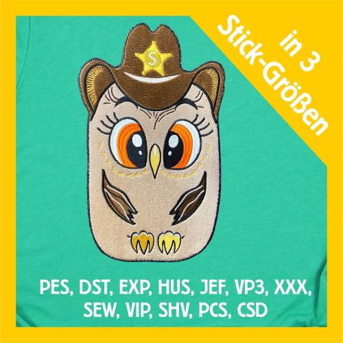 Stickdatei Applikation Eule Cowboy in 3 Größen, Maschinenstickerei, Stickmuster mit Tiermotiv