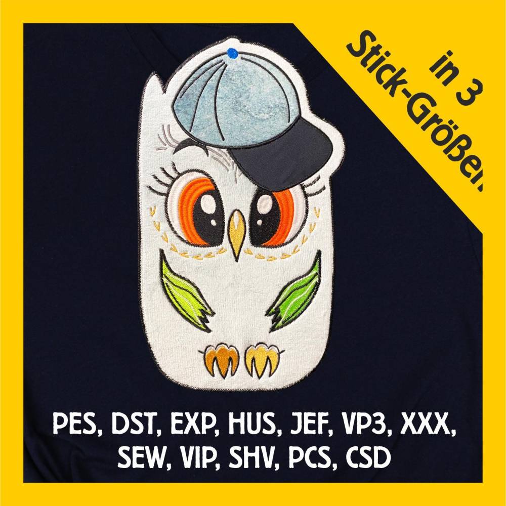 Stickdatei Applikation Eule mit Cap in 3 Größen, Maschinenstickerei, Stickmuster mit Tiermotiv Bild 1