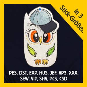 Stickdatei Applikation Eule mit Cap in 3 Größen, Maschinenstickerei, Stickmuster mit Tiermotiv Bild 1