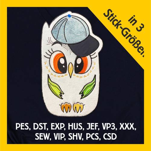 Stickdatei Applikation Eule mit Cap in 3 Größen, Maschinenstickerei, Stickmuster mit Tiermotiv