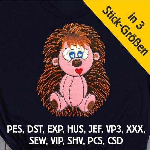 Stickdatei Applikation Igel Fridolin in 3 Größen, Maschinenstickerei, Stickmuster mit Tiermotiv