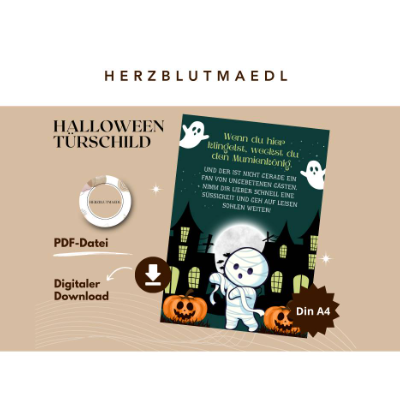 Halloween Türschild im Mumien-Design zum Selbstausdrucken – Gruselige Dekoration für Trick-or-Treat & Süßigkeitenschale