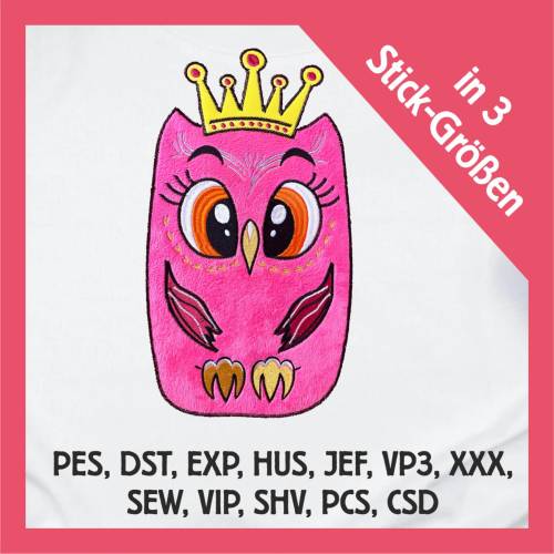 Stickdatei Applikation Eule Prinzessin in 3 Größen, Maschinenstickerei, Stickmuster mit Tiermotiv