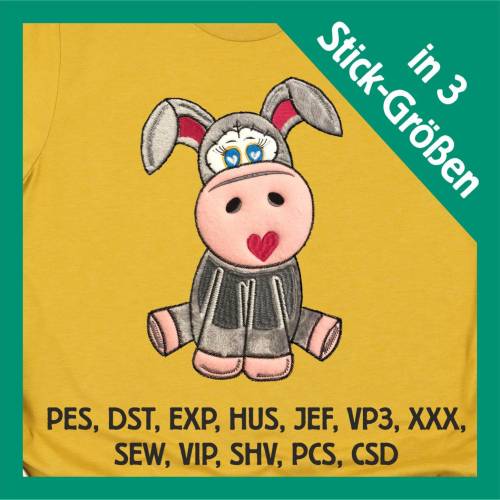 Stickdatei Applikation Esel Sam in 3 Größen, Maschinenstickerei, Stickmuster mit Tiermotiv