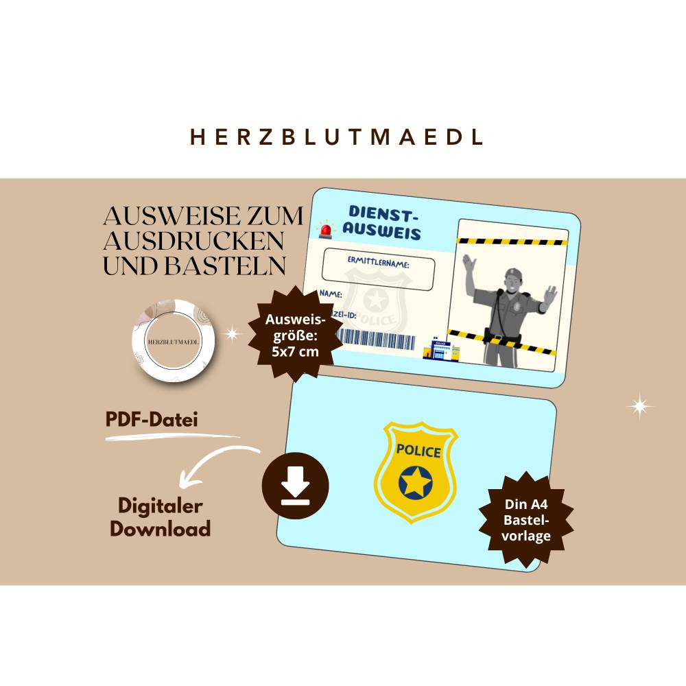 Polizei-Ausweis Bastelvorlagen – Individuelle Mitgebsel für Kindergeburtstag, Polizei-Party & Kinderveranstaltungen Bild 1