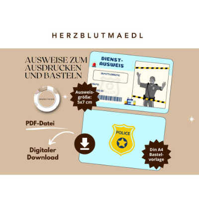 Polizei-Ausweis Bastelvorlagen – Individuelle Mitgebsel für Kindergeburtstag, Polizei-Party & Kinderveranstaltungen