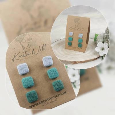 Ohrstecker „Quadrat“ 3er-Set (aus hypoallergenem Edelstahl, Nickelfrei) Blau Türkis Tannengrün