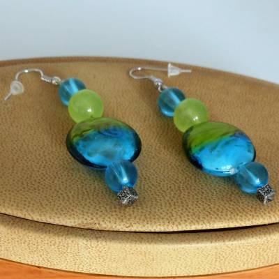 Ohrhänger türkis grün silber, Ohrringe, 6 cm, Glasperlen, Quarzperlen, Lampworkperlen, Ohrschmuck