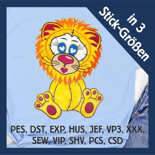 Stickdatei Applikation Löwe Casimir in 3 Größen, Maschinenstickerei, Stickmuster mit Tiermotiv