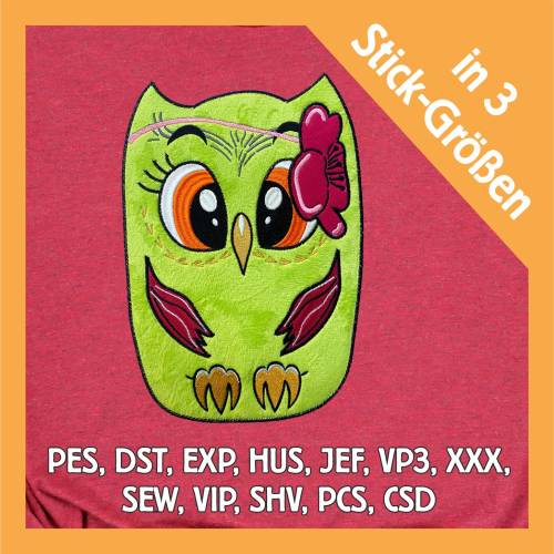 Stickdatei Applikation Eule Blume in 3 Größen, Maschinenstickerei, Stickmuster mit Tiermotiv