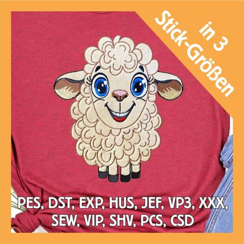 Stickdatei Applikation Schaf Ulla in 3 Größen, Maschinenstickerei, Stickmuster mit Tiermotiv