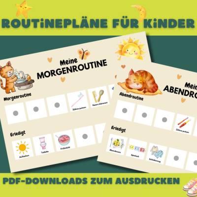 Morgenroutine und Abendroutine für Kinder mit dem Motiv Katze zum Ausdrucken. 