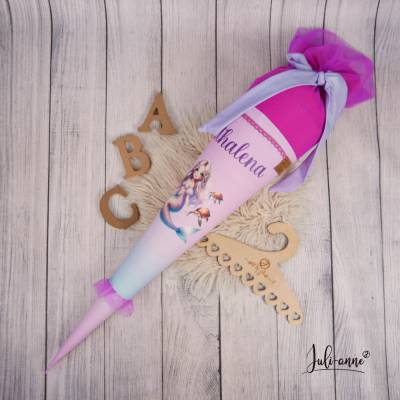 Schultüte Stoff + Tüll Meerjungfrau und Schildkröten Flieder PinkTüll  70cm 85cm   *personalisierbar und mit Kisseninlet