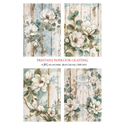 4 florale Vintage Grafiken zum Download - 4 JPG Dateien, 300 dpi - Magnolie - 600004