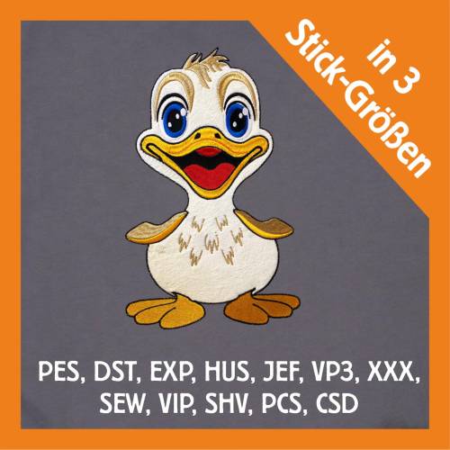 Stickdatei Applikation Ente Duggy in 3 Größen, Maschinenstickerei, Stickmuster mit Tiermotiv
